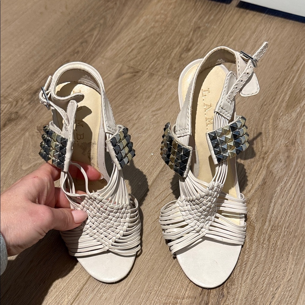 L.A.M.B. Women's Cream Woven Sandals with Studs